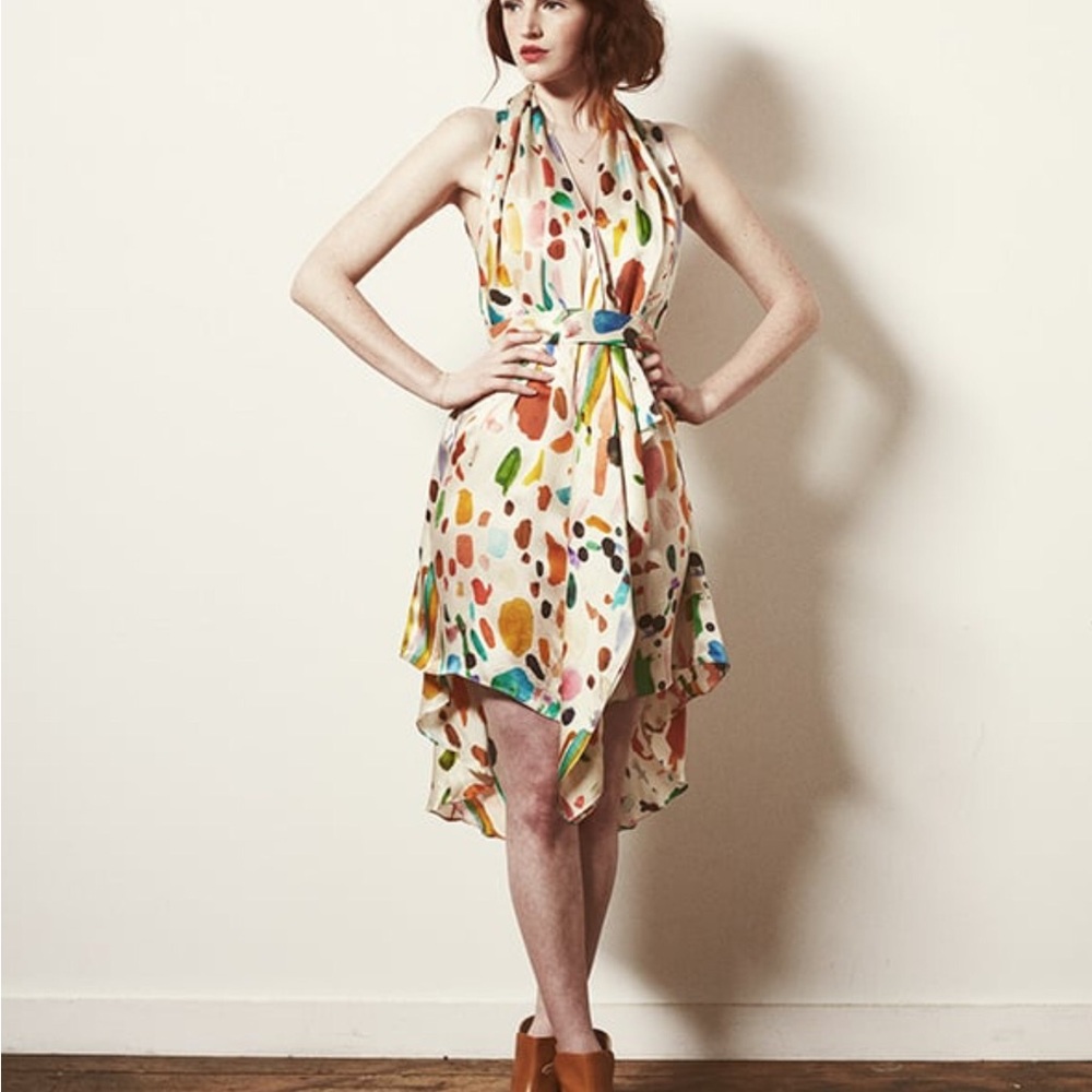 Samantha Pleet Composition Dress 100% Silk With Waist Tie Size 0 Art to Wear